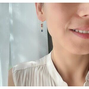 Red Square And Cobalt Blue Teardrop Earrings Wtih Gold Plated Over Silver Ear Wi